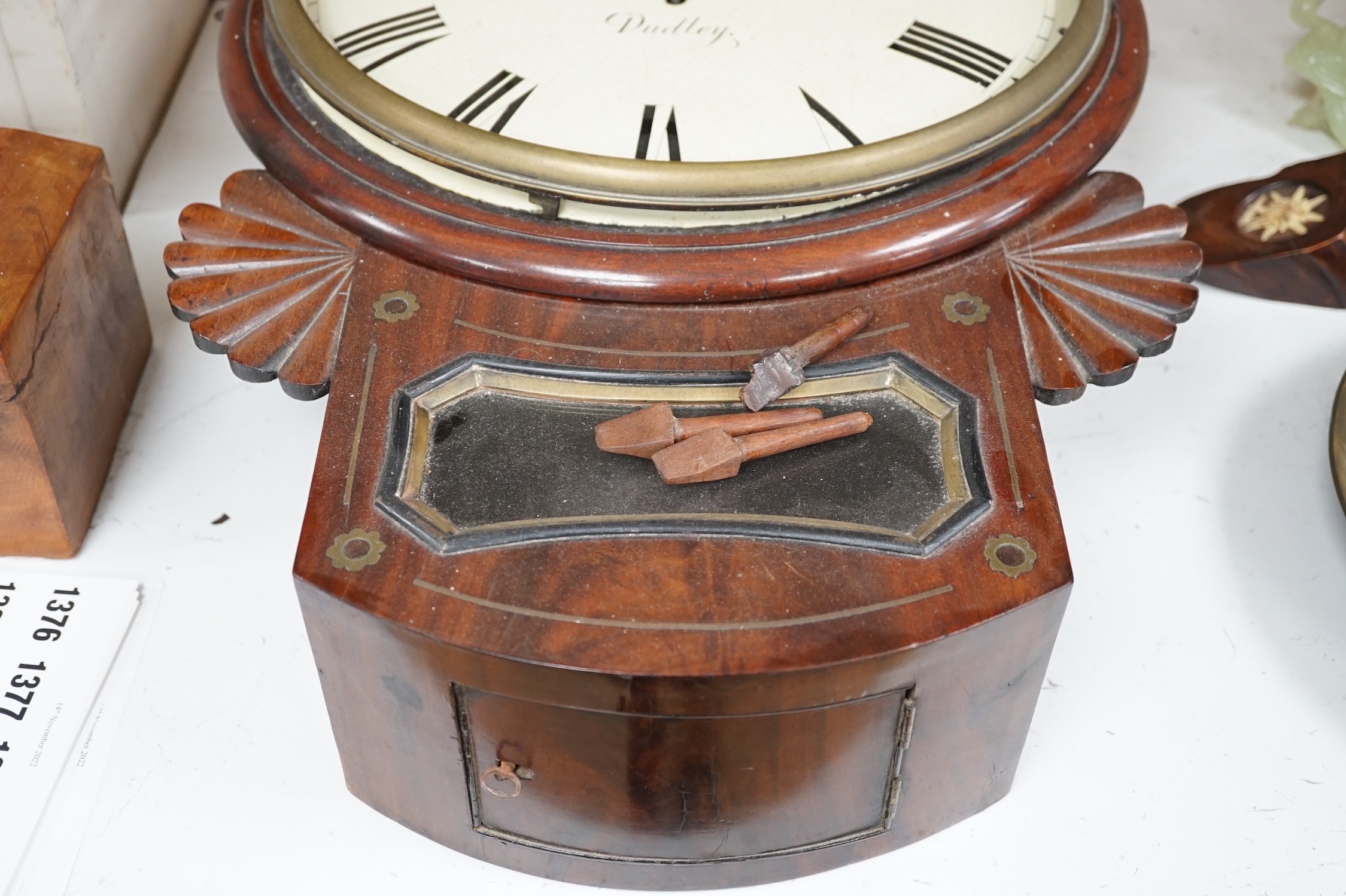 An early 19th century mahogany drop-dial wall clock, single fusee movement, signed Lickert, Dudley (P), length 52cm